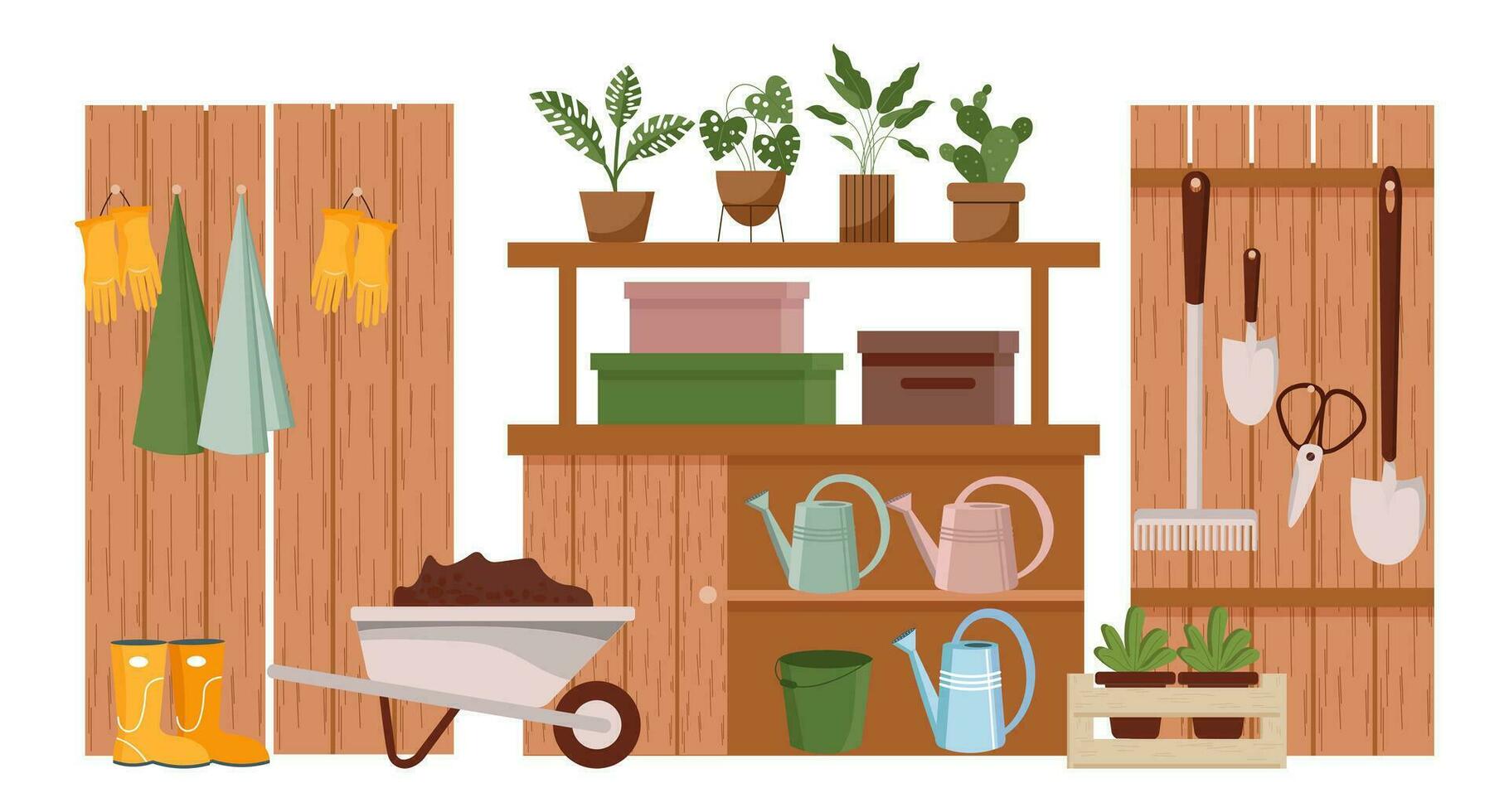 tuinieren kamer, interieur. tuin hulpmiddelen, boerderij kleren, laarzen, handschoenen, kruiwagen en planten Aan de planken. illustratie, vector