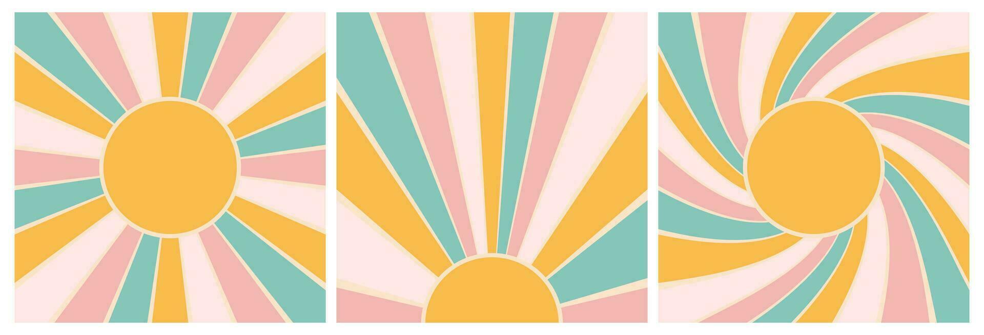 een reeks van wijnoogst psychedelisch regenboog achtergronden met de zon. retro achtergronden van pastel kleuren. vector