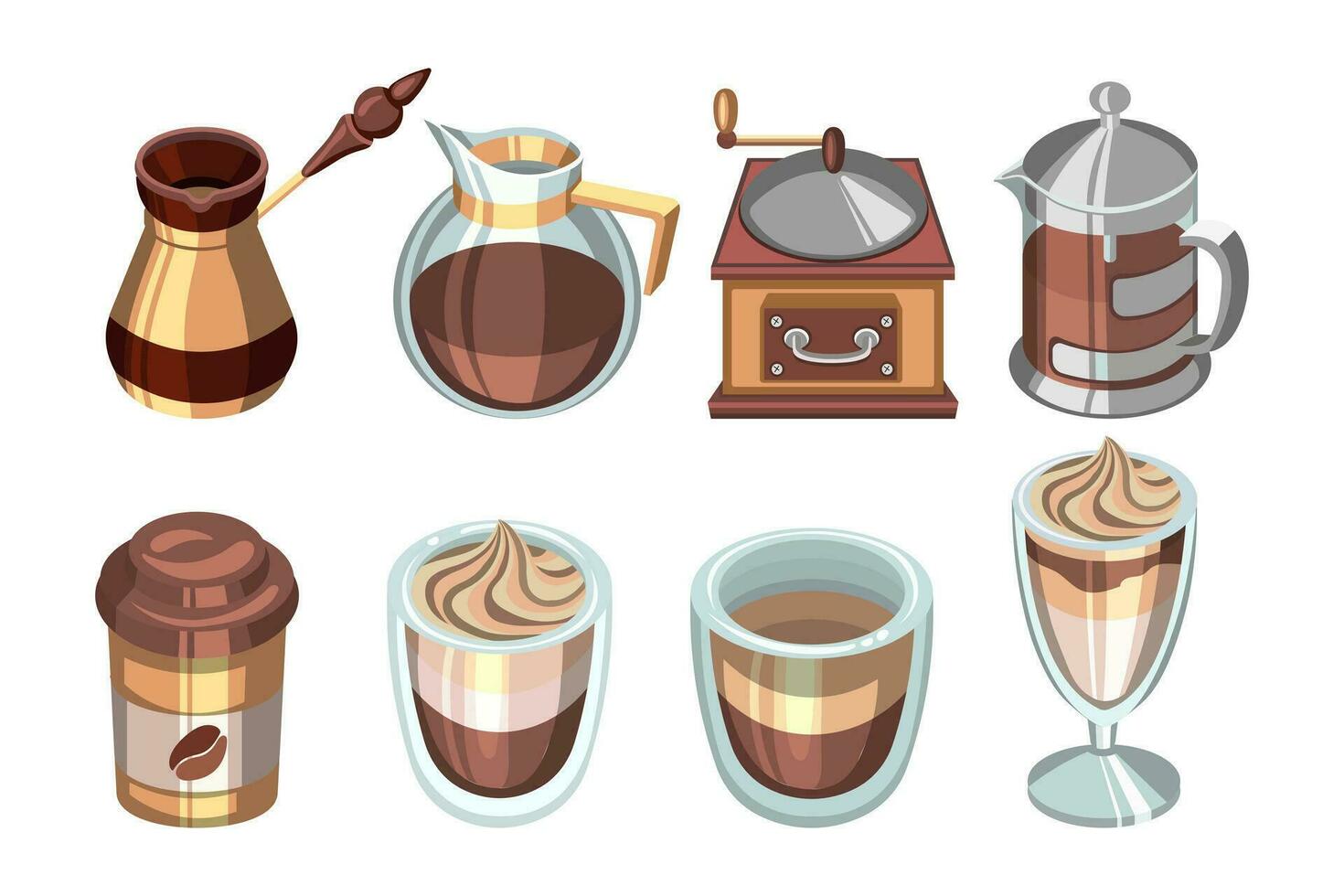 groot koffie set. wijnoogst koffie Slijper, koffie maker, cezve, bril met latte koffie. drankjes, illustratie, vector