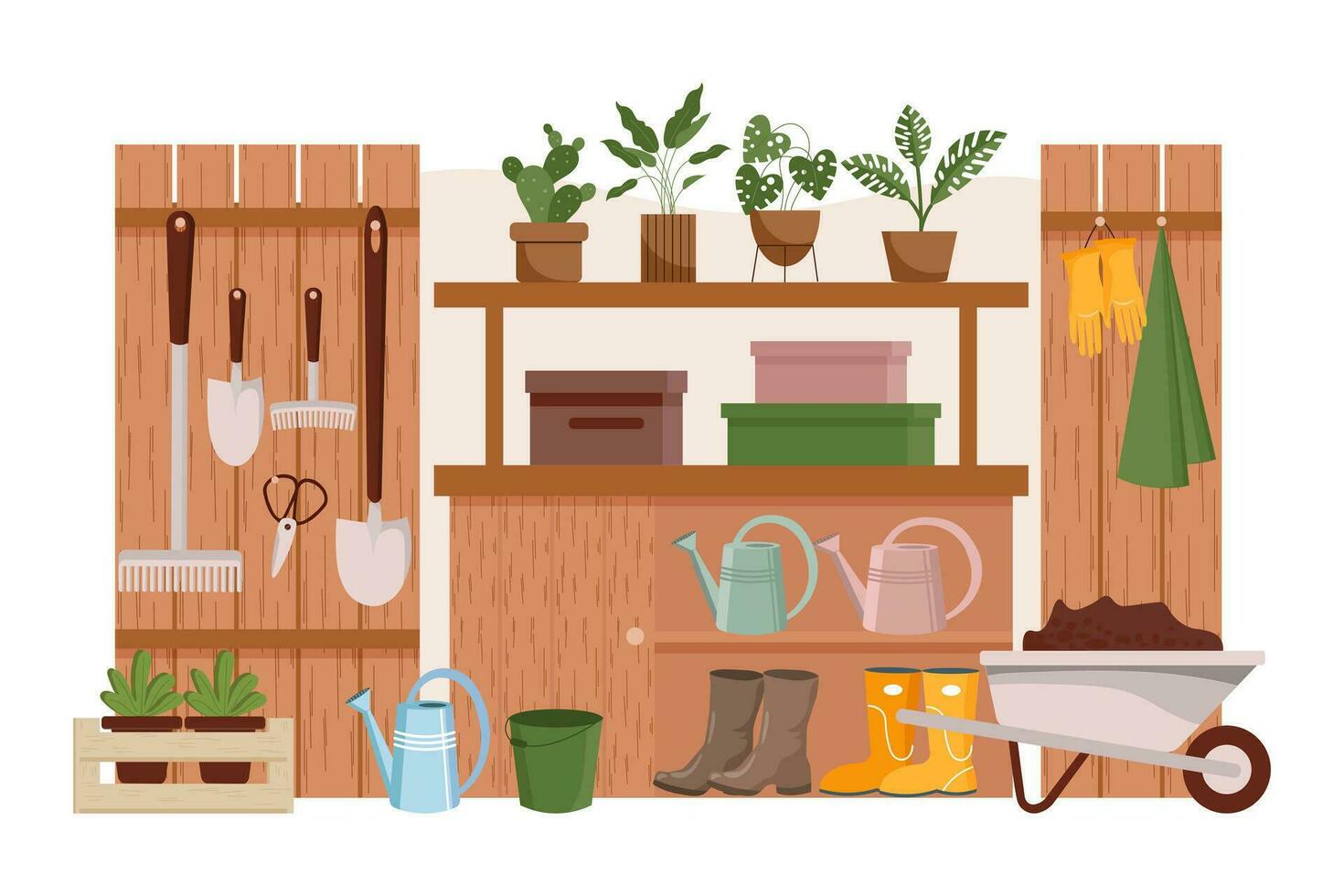 tuinieren kamer, interieur. tuin hulpmiddelen, boerderij kleren, laarzen, handschoenen, kruiwagen en planten Aan de planken. illustratie, vector