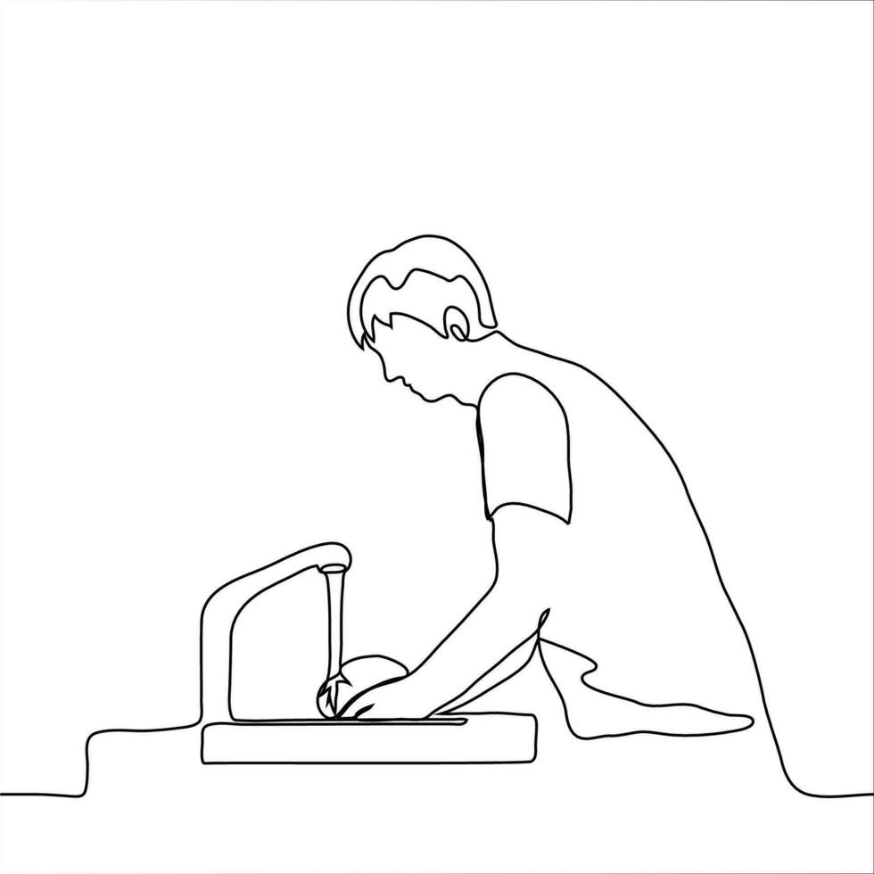 Mens wast gerechten in de wastafel met zijn handen. een lijn tekening een Mens staat Bij een Open kraan met water en wast de gerechten in de wasbak. vector
