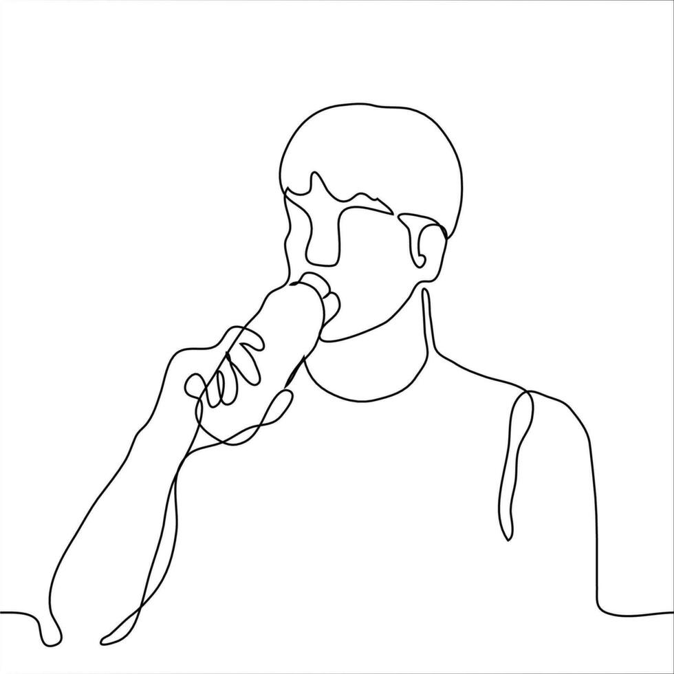 portret van een jong Mens wie drankjes van een fles. kortharig vent houdt een fles met zijn nek ingedrukt naar zijn lippen. een doorlopend lijn kunst blussen dorst drinken alcohol vector