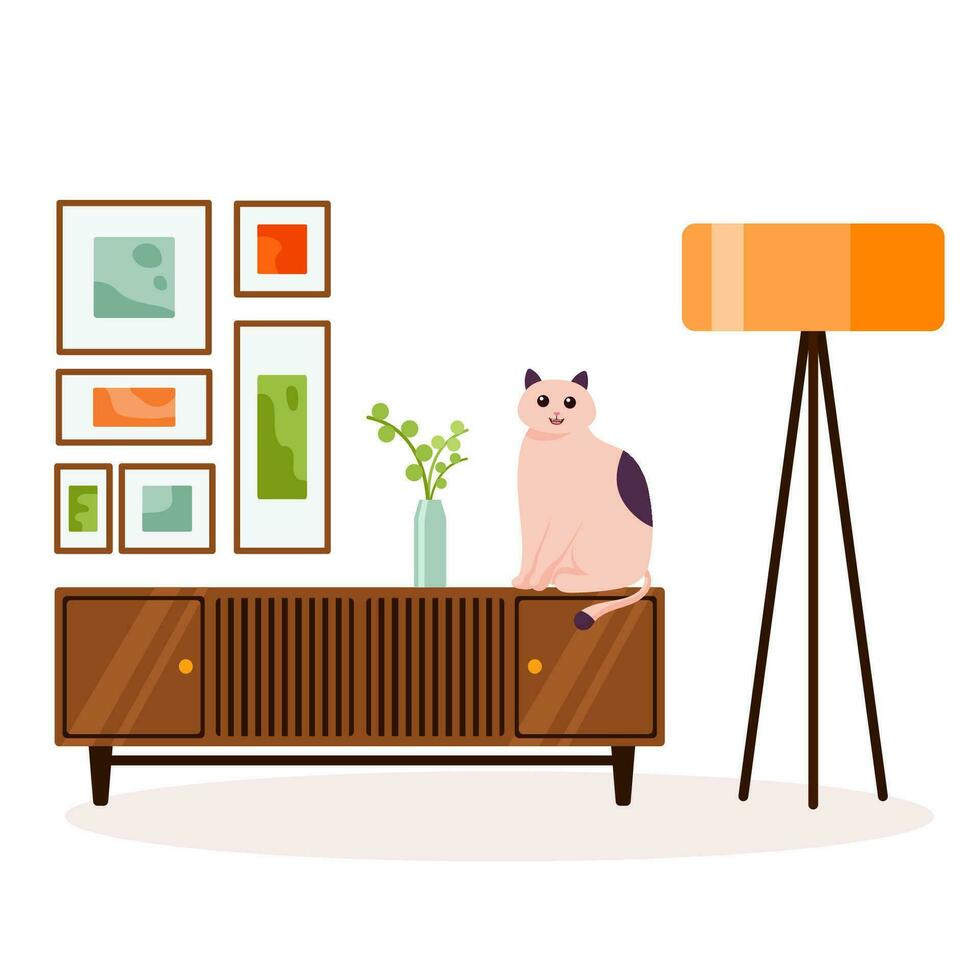 kamer interieur met kat vlak stijl. leven kamer interieur met TV tafel, afbeeldingen, huis decoraties. comfortabel appartement versierd in retro stijl. tekenfilm vector illustratie.