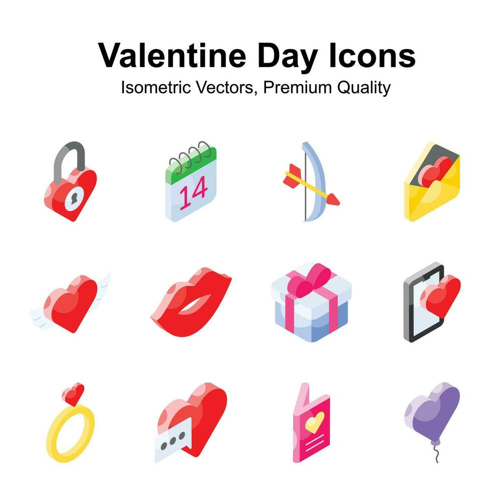 nemen een kijken Bij deze voorzichtig bewerkte valentijnsdag dag isometrische pictogrammen set, klaar voor premie gebruik vector