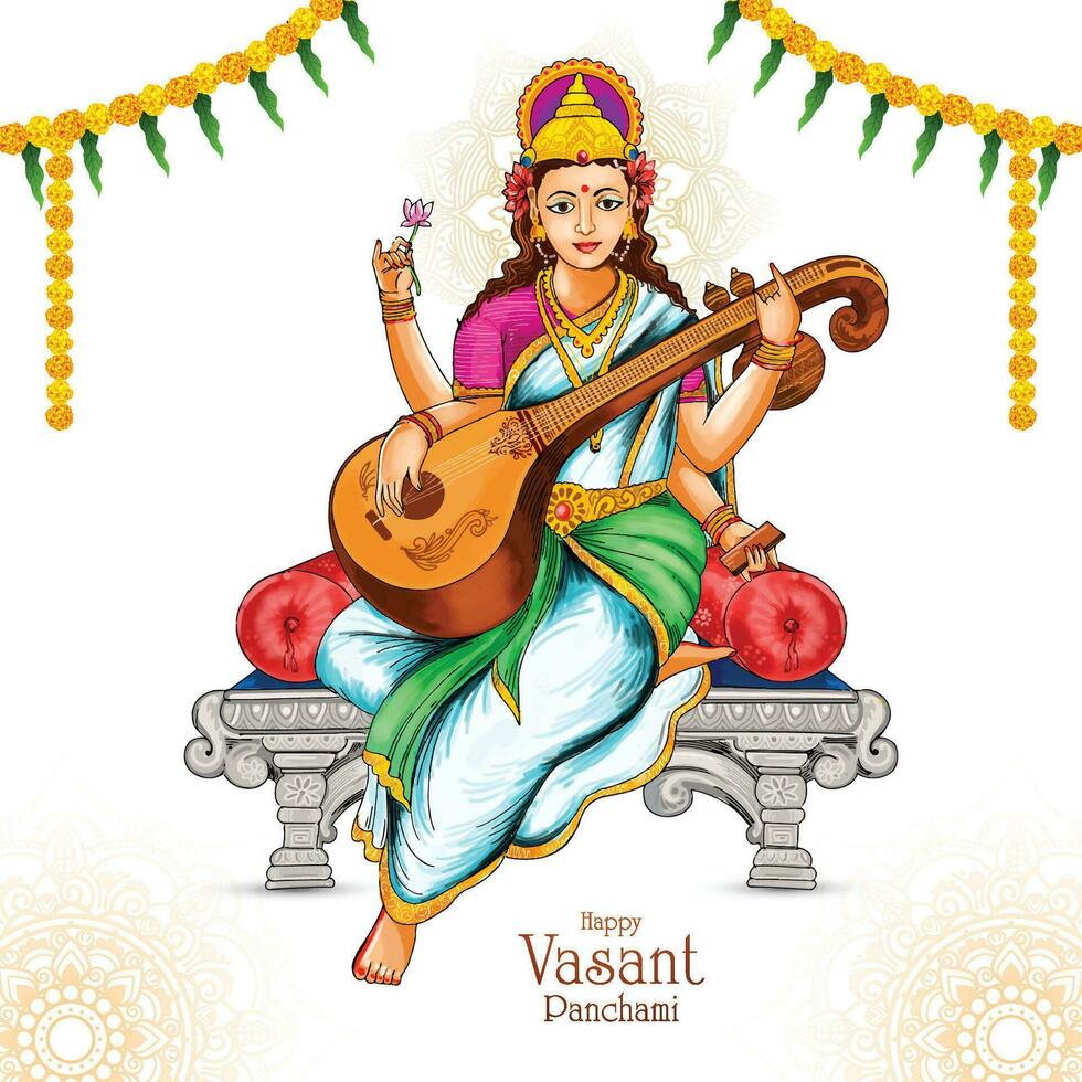 vasant panchami Aan Indisch god saraswati maa religieus kaart achtergrond vector