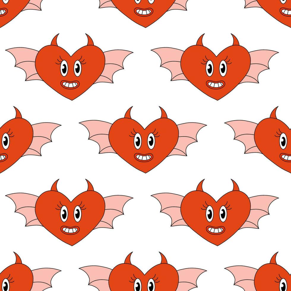 naadloos patroon met harten demon tekens voor Valentijn dag. mascotte in groovy en y2k stijl. vector tekenfilm illustratie.