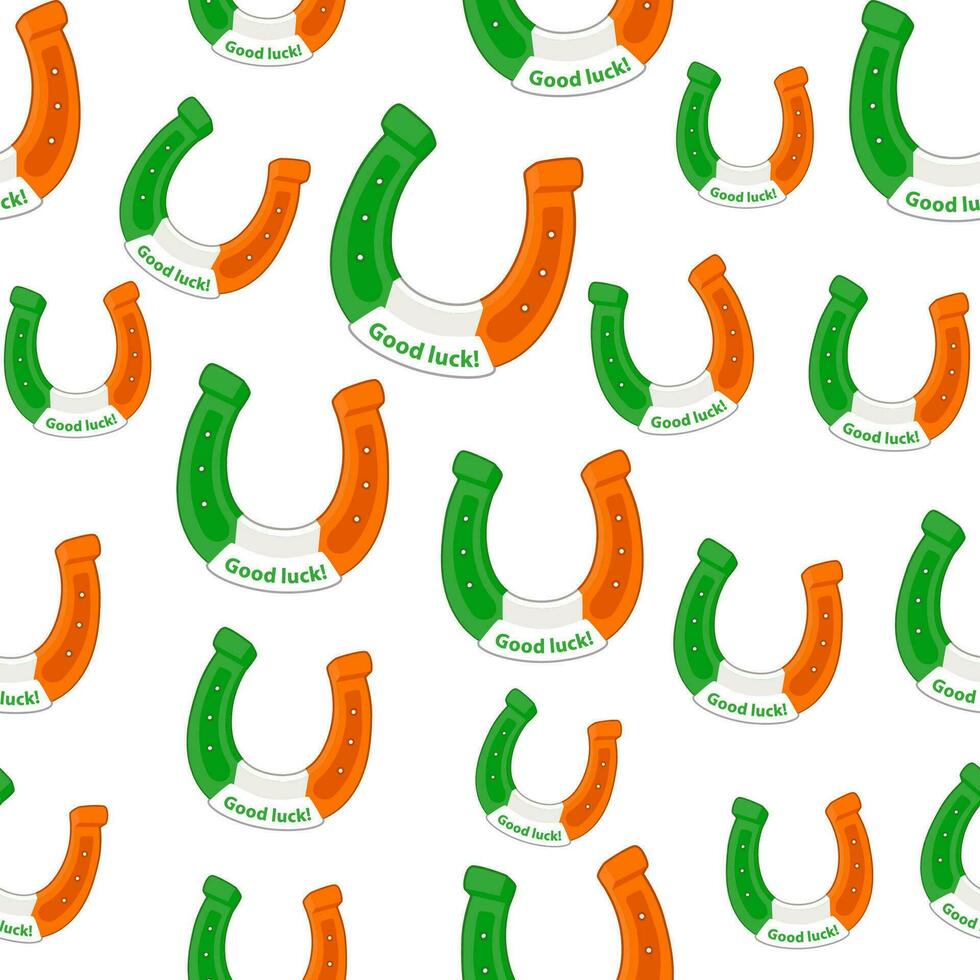 naadloos patroon met hoefijzers in Iers vlag kleuren. decoratie voor groet kaarten, affiches, pleisters, prints voor kleren, en emblemen voor st. Patrick dag vector