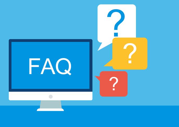 Veelgestelde vragen FAQ banner. Computer met vraagpictogrammen. Platte vectorillustratie vector