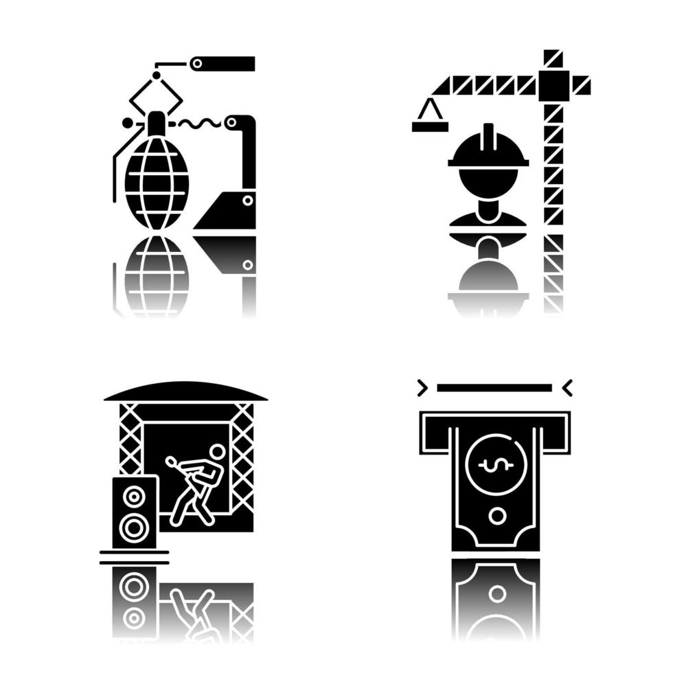 industrie typen slagschaduw zwarte glyph pictogrammen set vector