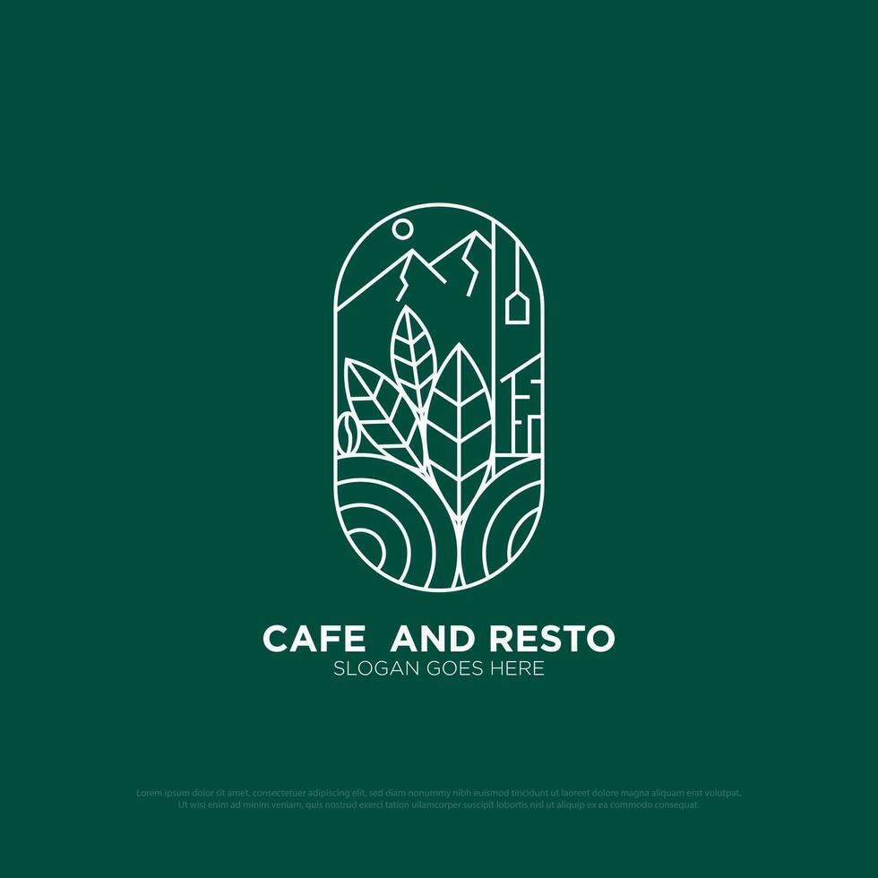 esthetisch natuur restaurant logo ontwerp, natuur buitenshuis voedsel en dranken vector illustratie met lijn kunst