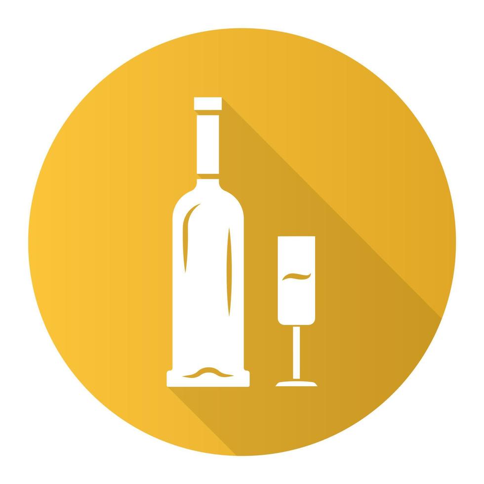 open fles en glas champagne geel plat ontwerp lange schaduw glyph icon vector