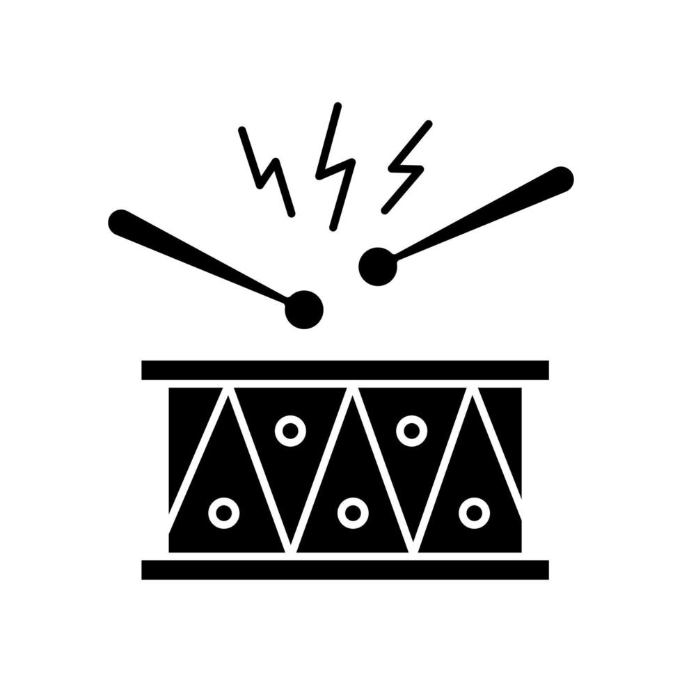 trommel met drumsticks en zwart glyph-pictogram vector