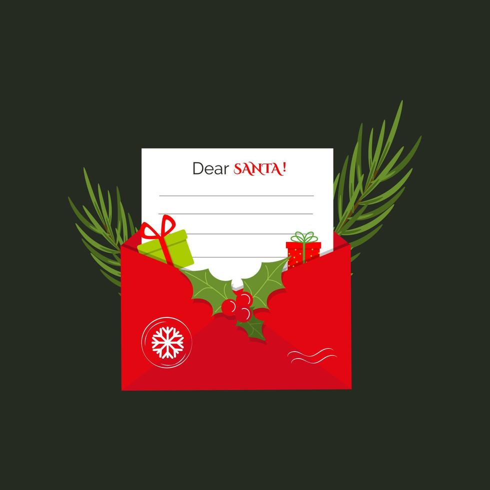 het kerstconcept van een brief aan de kerstman. rode postenvelop, spartak en geschenken op donkere achtergrond. platte vectorillustratie vector