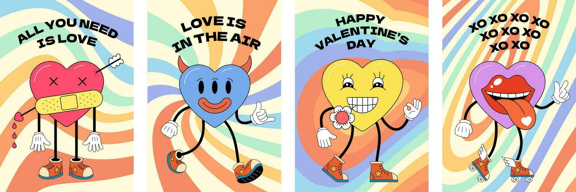 gelukkig valentijnsdag dag groet kaart. groovy kunst typografie poster. retro funky tekenfilm hart karakters. Valentijn vakantie wijnoogst hippie harten mascottes. gek hippie liefde aanplakbiljet set. modieus y2k banier vector