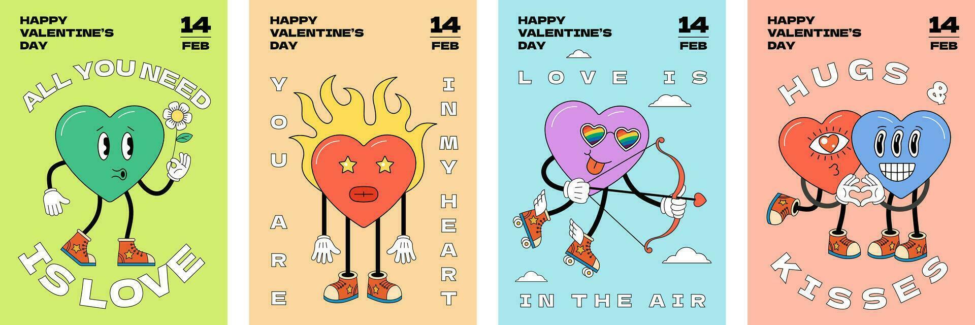 gelukkig valentijnsdag dag groet kaart. groovy kunst typografie poster. retro tekenfilm hart karakters. Valentijn vakantie wijnoogst hippie mascottes Aan spandoek. gek hippie aanplakbiljet. modieus y2k abstract eps folder vector