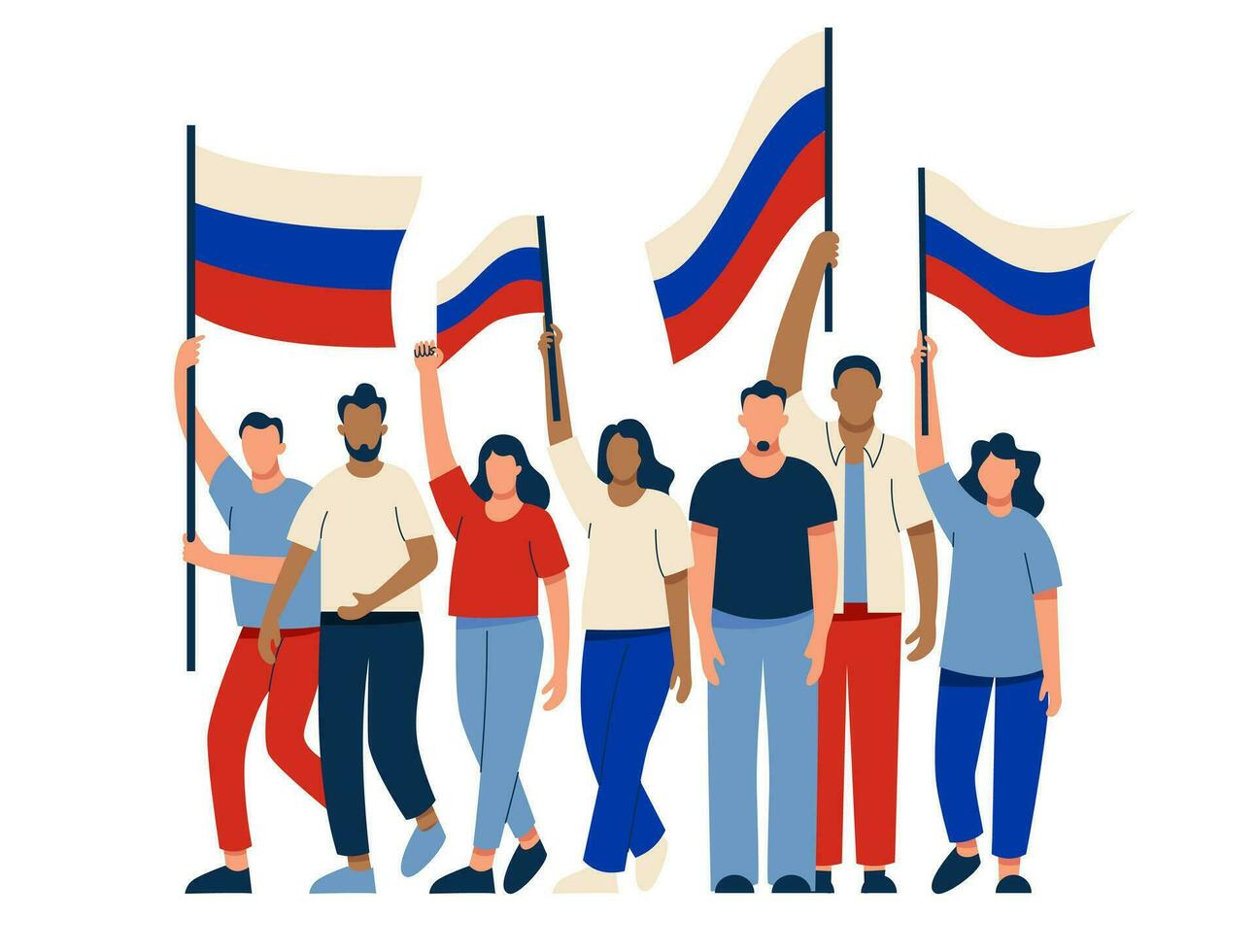 mensen met Russisch vlaggen Bij de rally. Russen zijn protesteren. verkiezingen, stemmen, vrijheid en rechten. vector illustratie