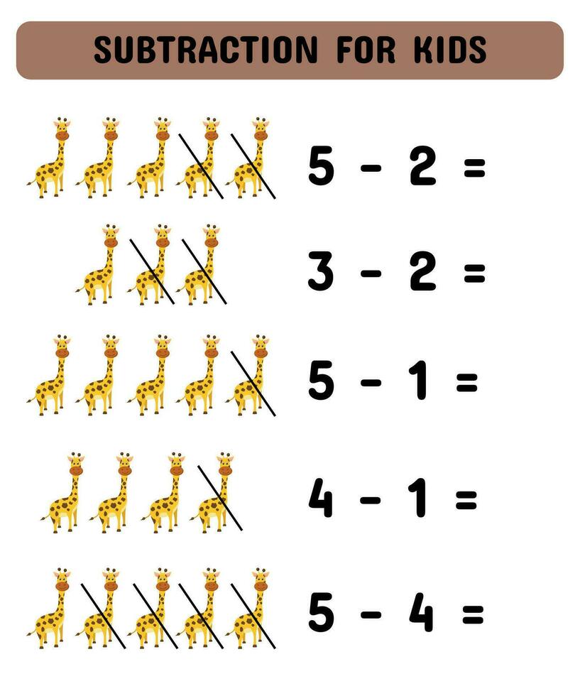 wiskunde werkblad ontwerp voor kinderen. aftrekken spel met giraffen. wiskunde kinderen leerzaam spel. studie aftrekken voor kinderen en peuters. werkblad voor onderwijs. vector