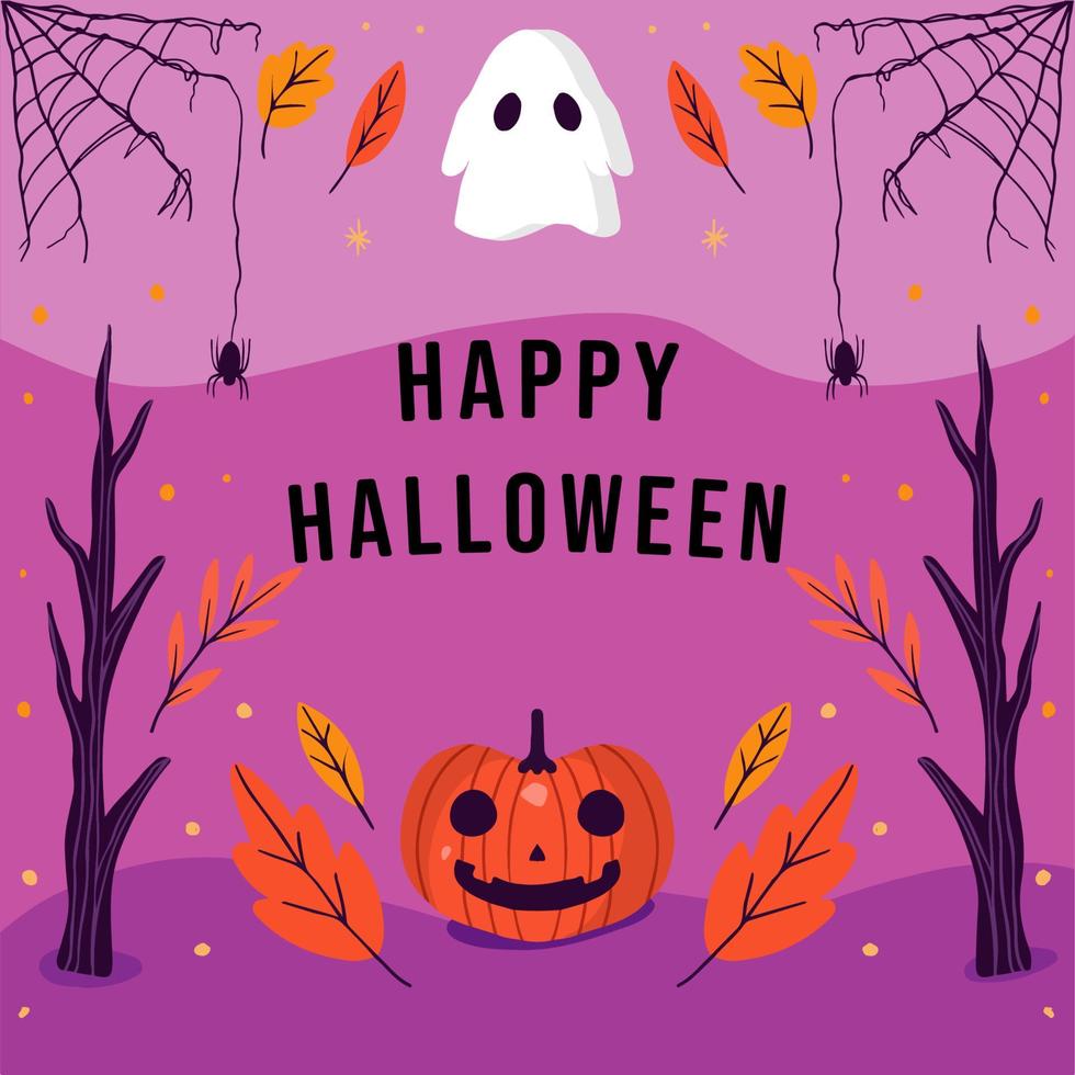 happy halloween hand getekend met pompoen, boom, spinnenweb en spook vector