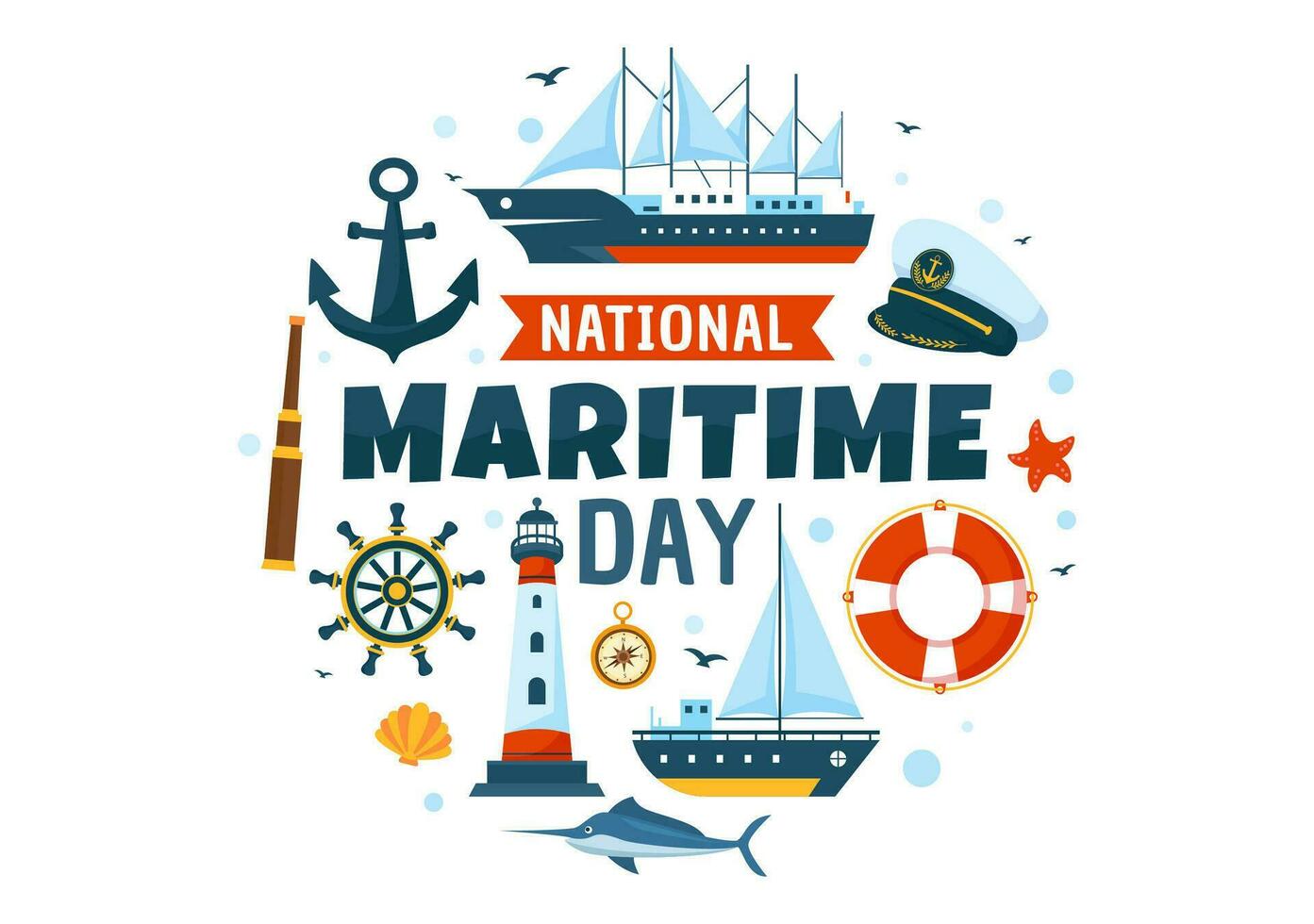 wereld maritiem dag vector illustratie met zee en schip voor Verzending veiligheid en veiligheid en de marinier milieu in nautische viering ontwerp