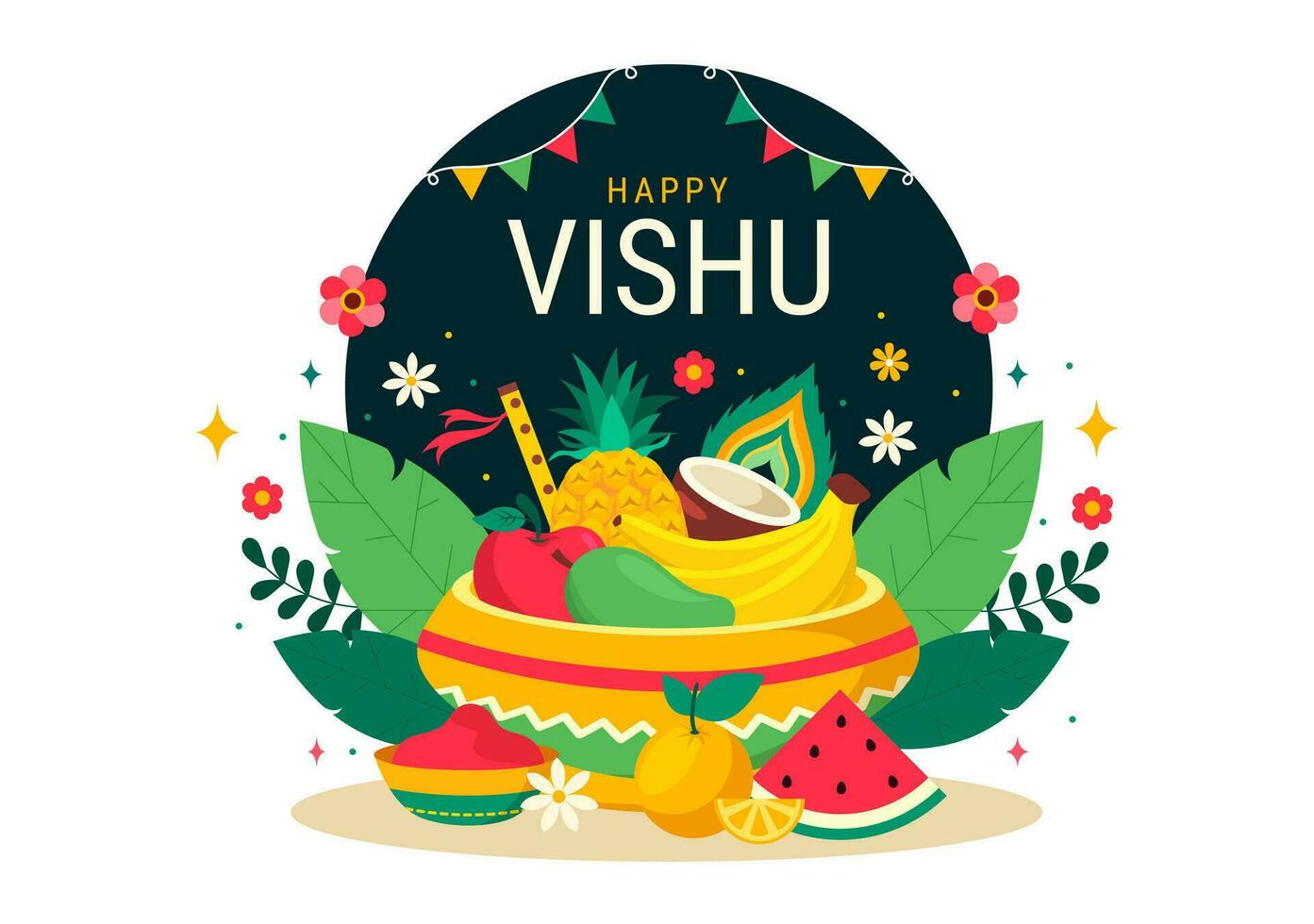 gelukkig vishu festival vector illustratie met Krishna, traditioneel kerala Kani, fruit en groenten in nationaal vakantie vlak tekenfilm achtergrond