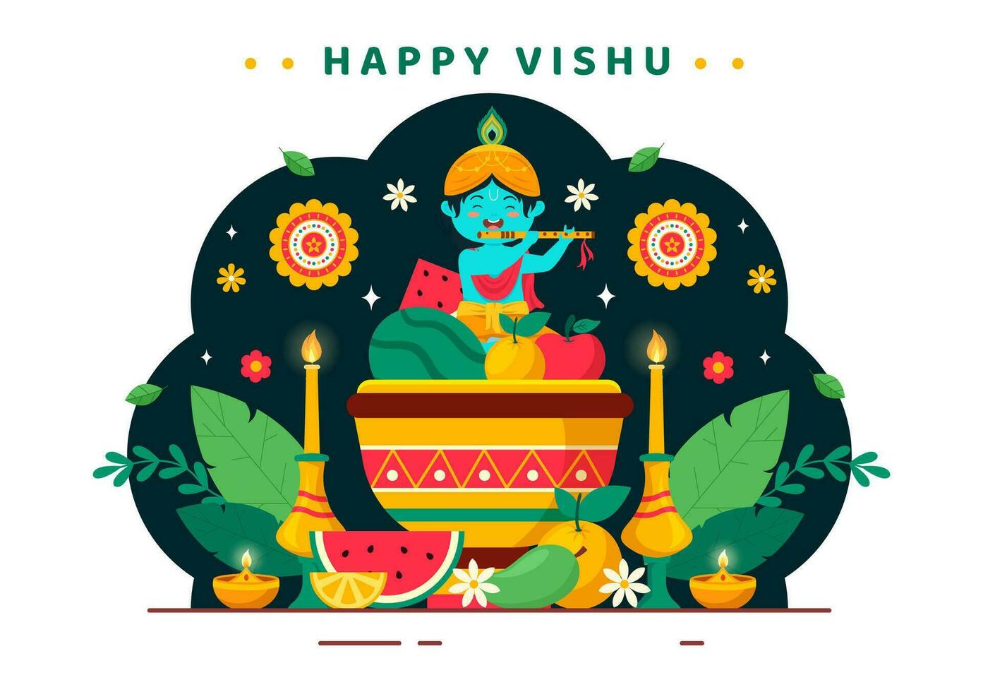 gelukkig vishu festival vector illustratie met Krishna, traditioneel kerala Kani, fruit en groenten in nationaal vakantie vlak tekenfilm achtergrond