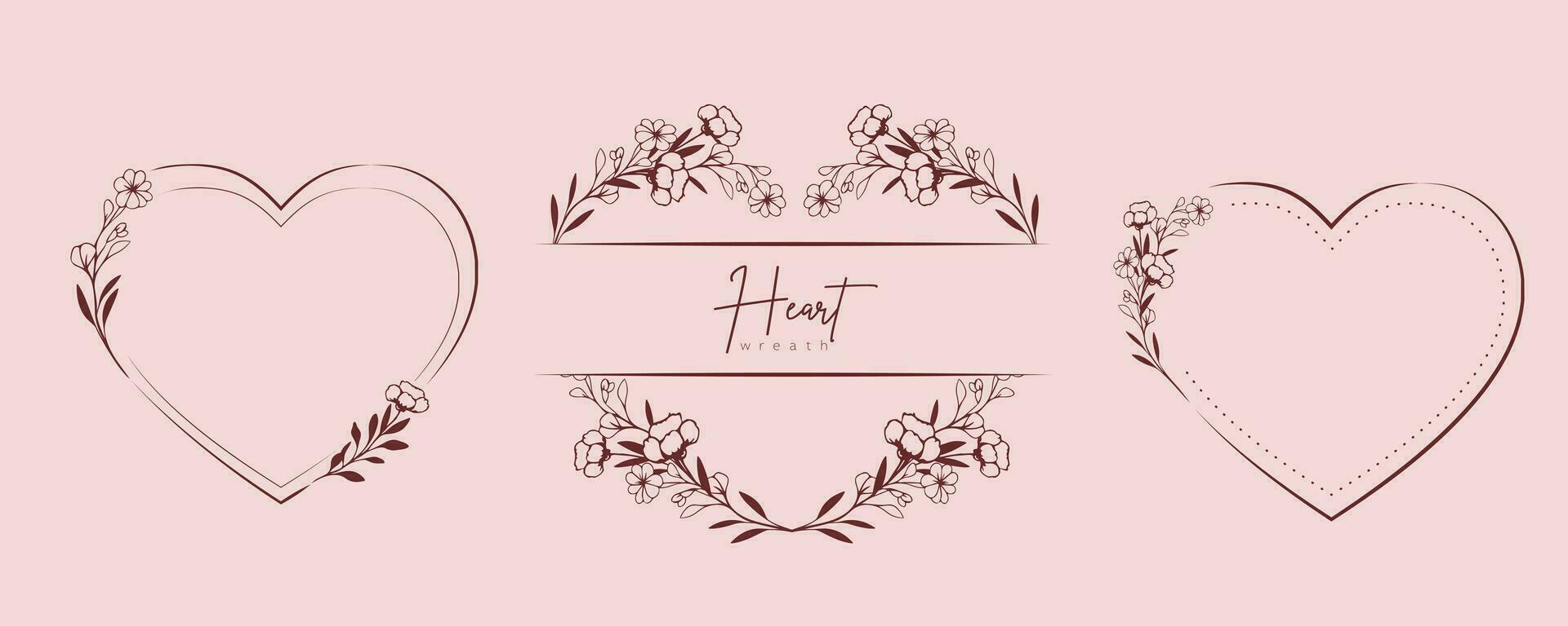 hand- getrokken bloemen krans met hart en bladeren. bloem botanisch kader voor monogram, bruiloft logo, uitnodiging, ansichtkaart, en meer. wijnoogst ornament vector illustratie geïsoleerd Aan wit achtergrond.