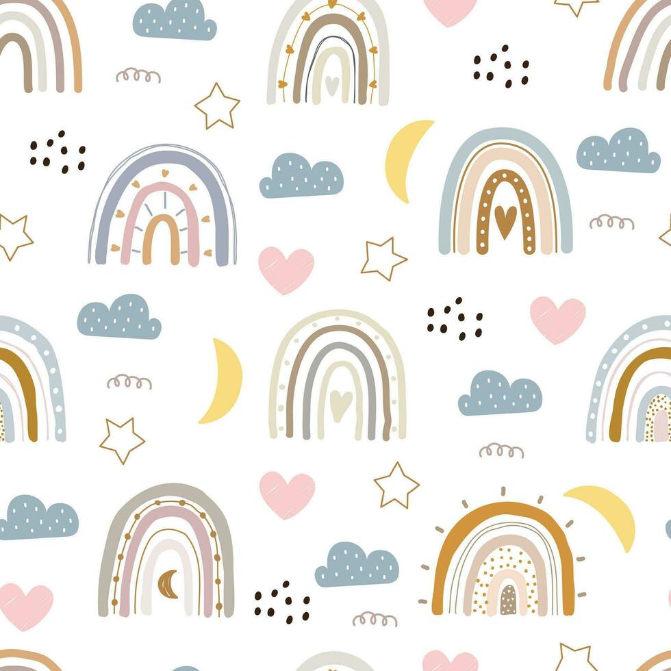 kinderkamer naadloos patroon met schattig karakters. regenboog met harten, hand- getrokken in tekenfilm stijl. ontwerp voor pasgeboren kleding, textiel en behang vector
