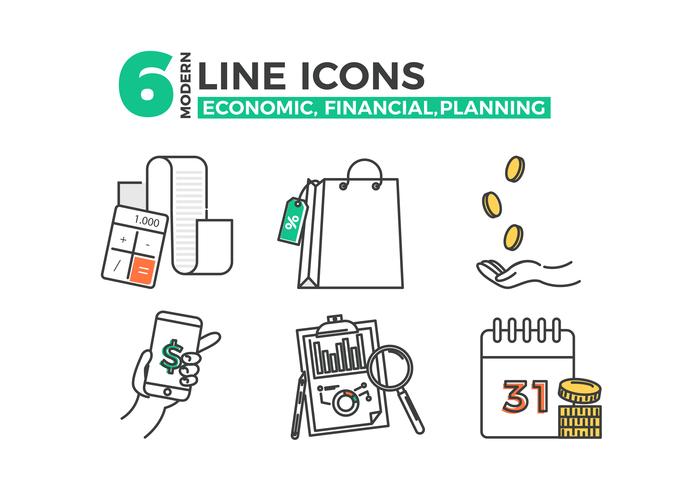 Economische pictogrammen, financiële planning app. Vector lijn kunst illustratie