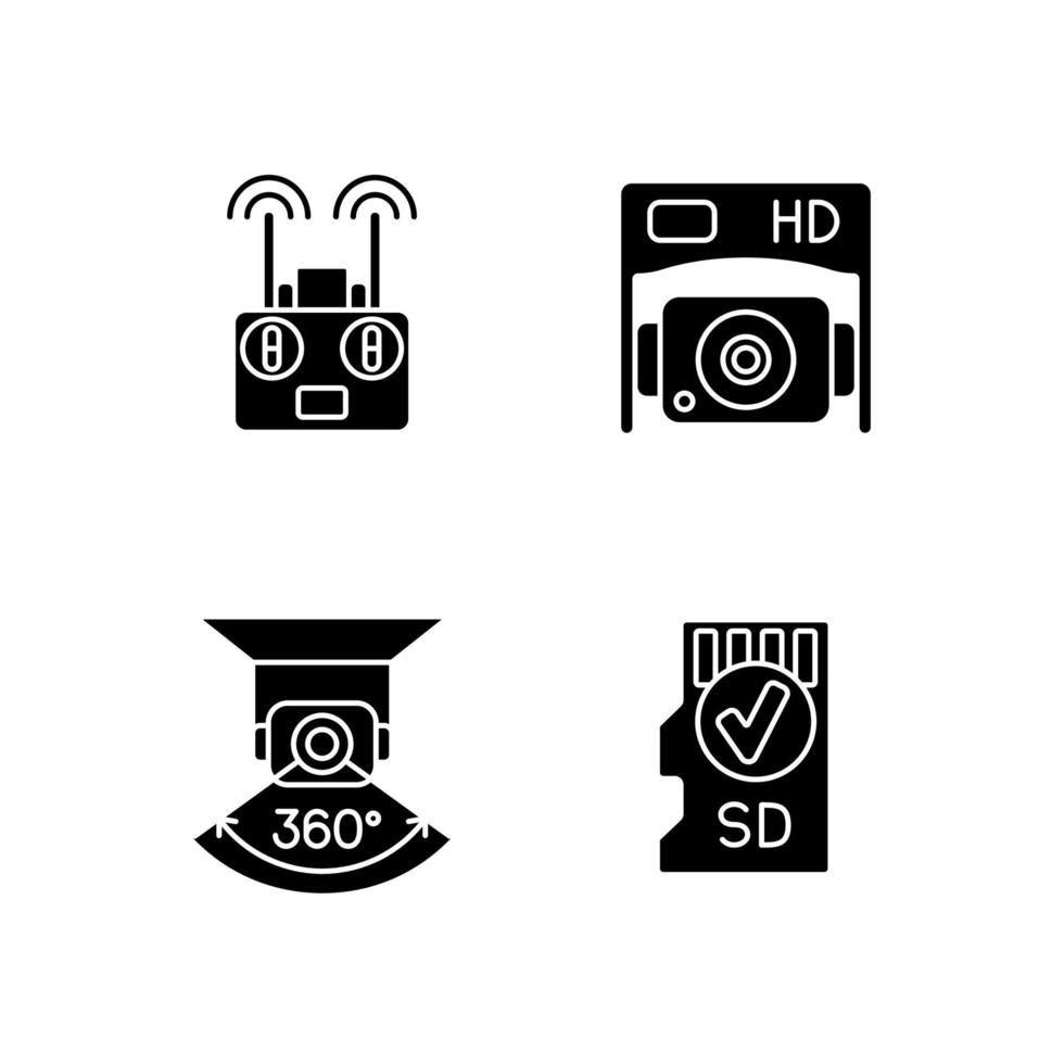 effectieve drone gebruik zwarte glyph handmatige labelpictogrammen ingesteld op witruimte vector