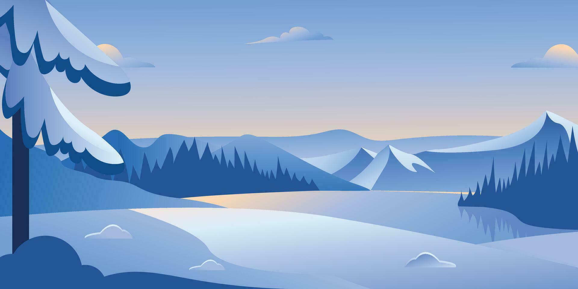 vector illustratie van winter landschap zonsopkomst, zonsondergang met pijnboom bomen, bergen en meer winter landschap in blauw kleuren