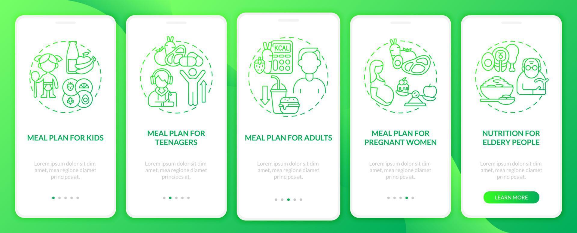 maaltijdplan voor verschillende leeftijden groene gradiënt onboarding mobiele app paginascherm vector