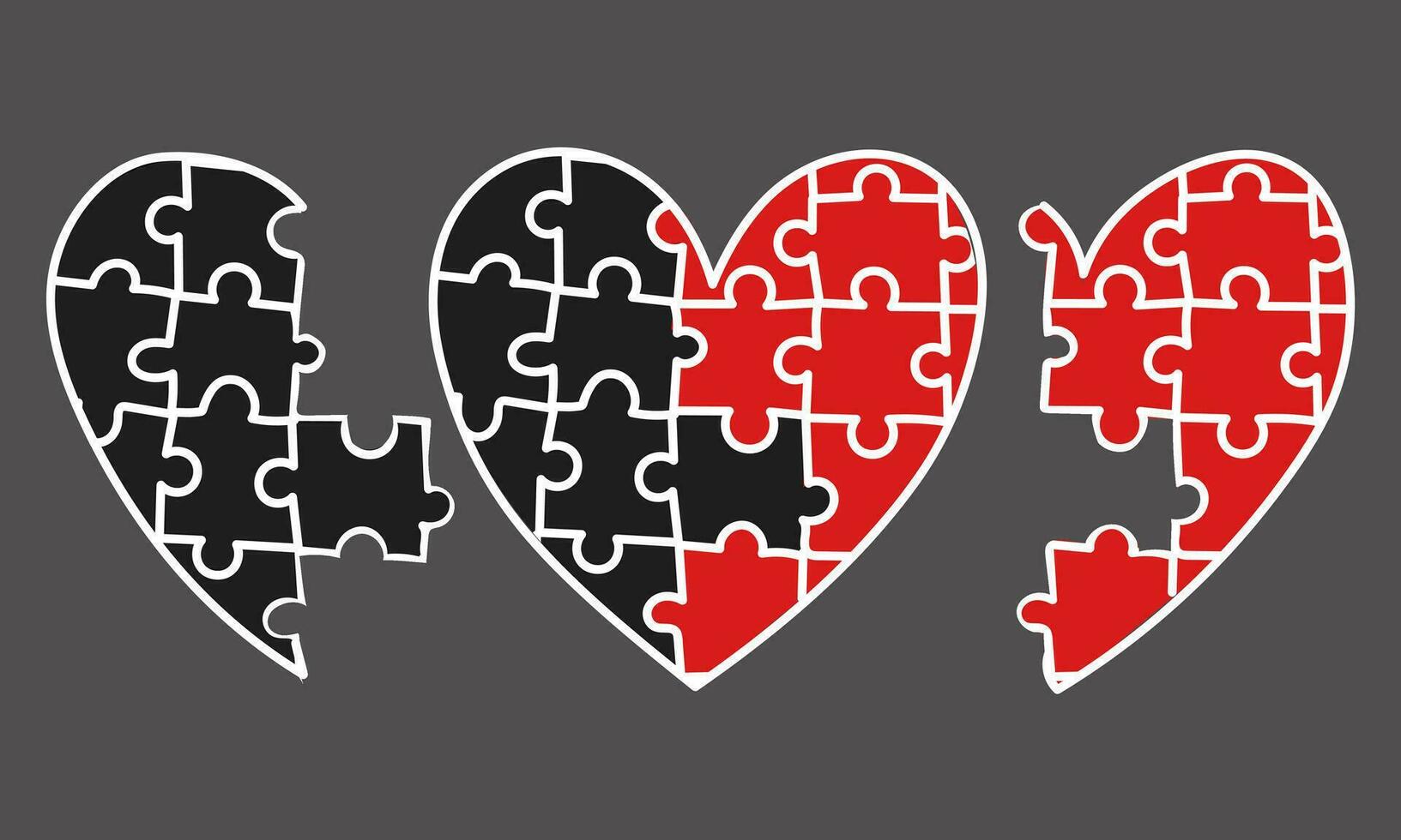 reeks van harten, een puzzel, naar verzamelen een puzzel. pictogrammen of symbolen gemarkeerd Aan een wit achtergrond. liefde, romance en verhoudingen. Valentijnsdag dag, plukken omhoog de stukken van liefde. helften van de puzzel vector