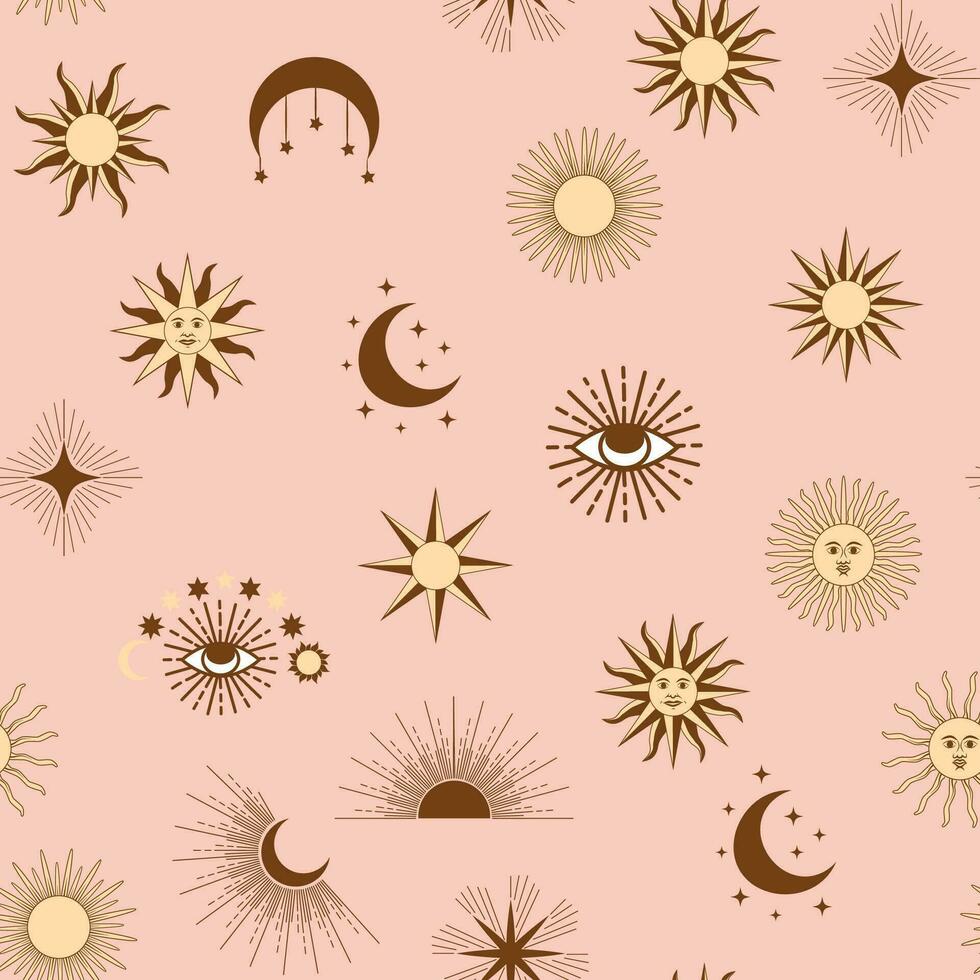 magie naadloos patroon met sterrenbeelden, zon, maan, magie ogen, wolken en sterren. mystiek esoterisch vector