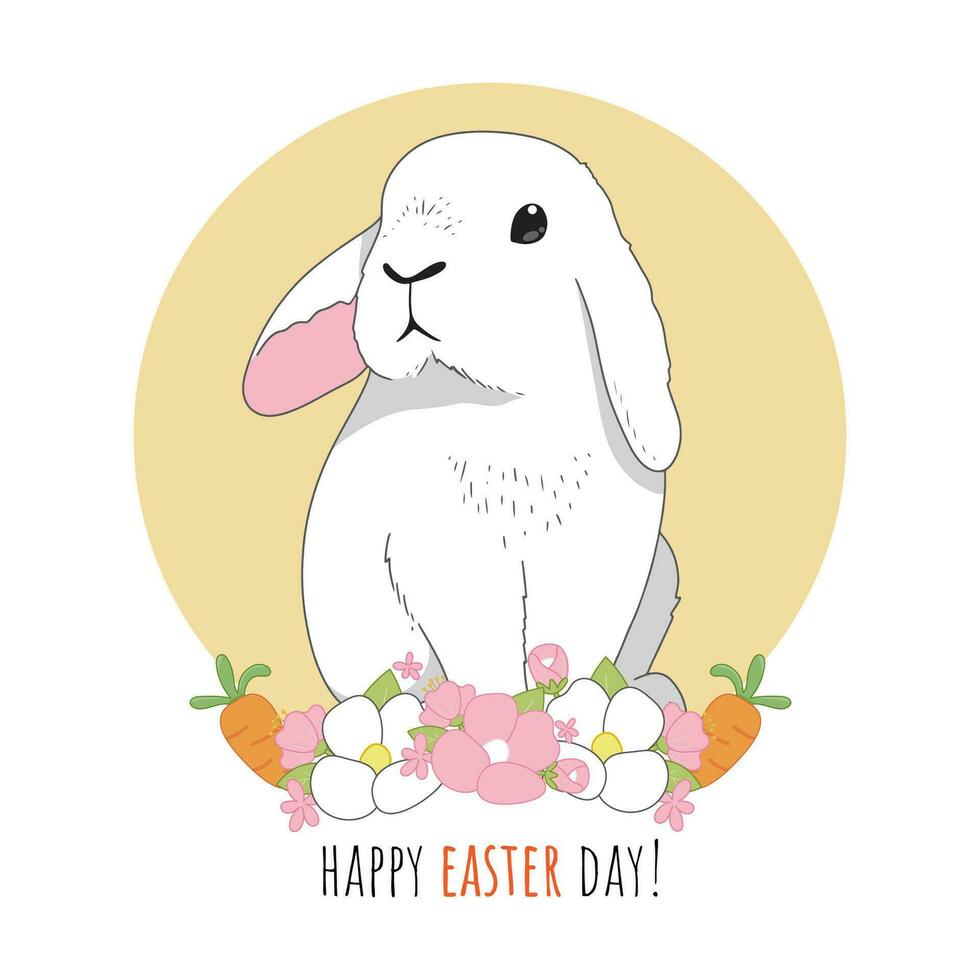 gelukkig Pasen dag met Pasen konijn met voorjaar bloemen krans tekenfilm karakter vector