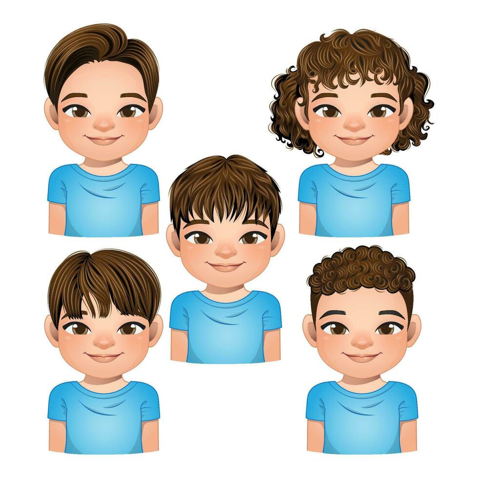 reeks van kapsel voor jongens, jongens gezichten, avatars, bruin haar- kind hoofden verschillend kapsel vector