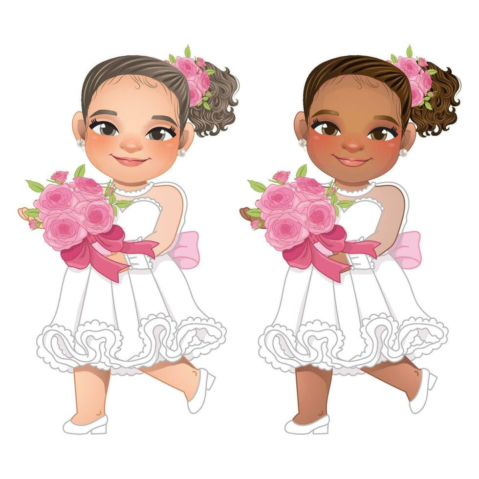 huwelijk decoratie ontwerp concept wit jurk vrouw Holding roze rozen in handen. bruid tekenfilm. vector illustratie