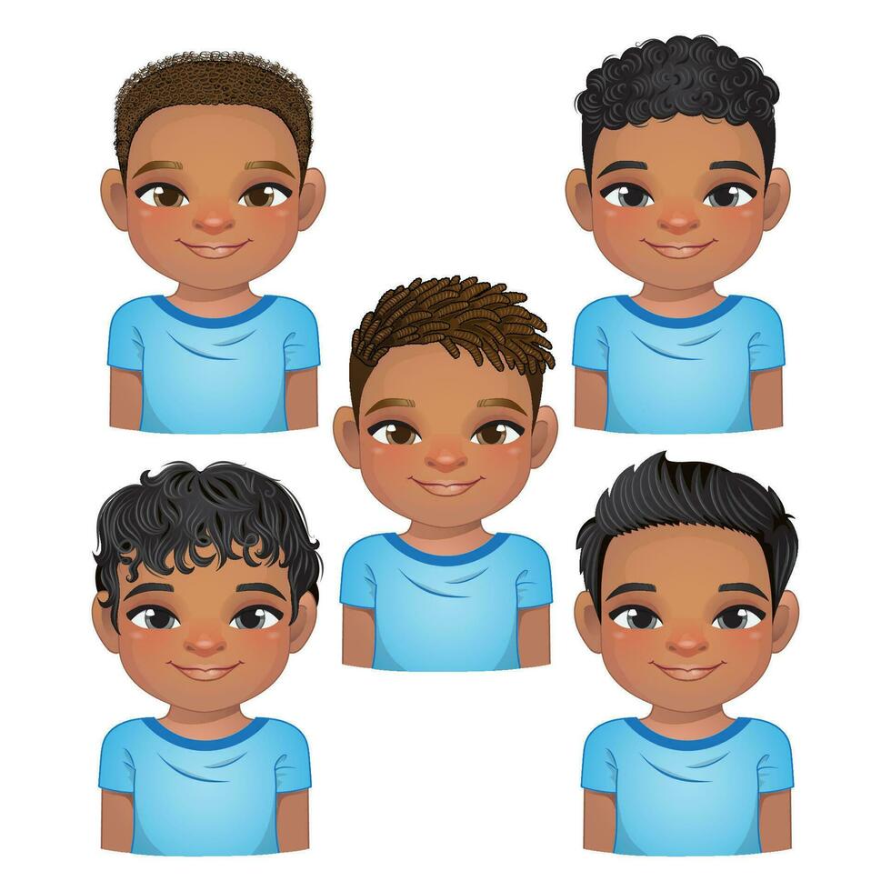 reeks van kapsel voor zwart jongens, Afrikaanse Amerikaans jongens gezichten, avatars, haar- zwart kind hoofden verschillend kapsel vector