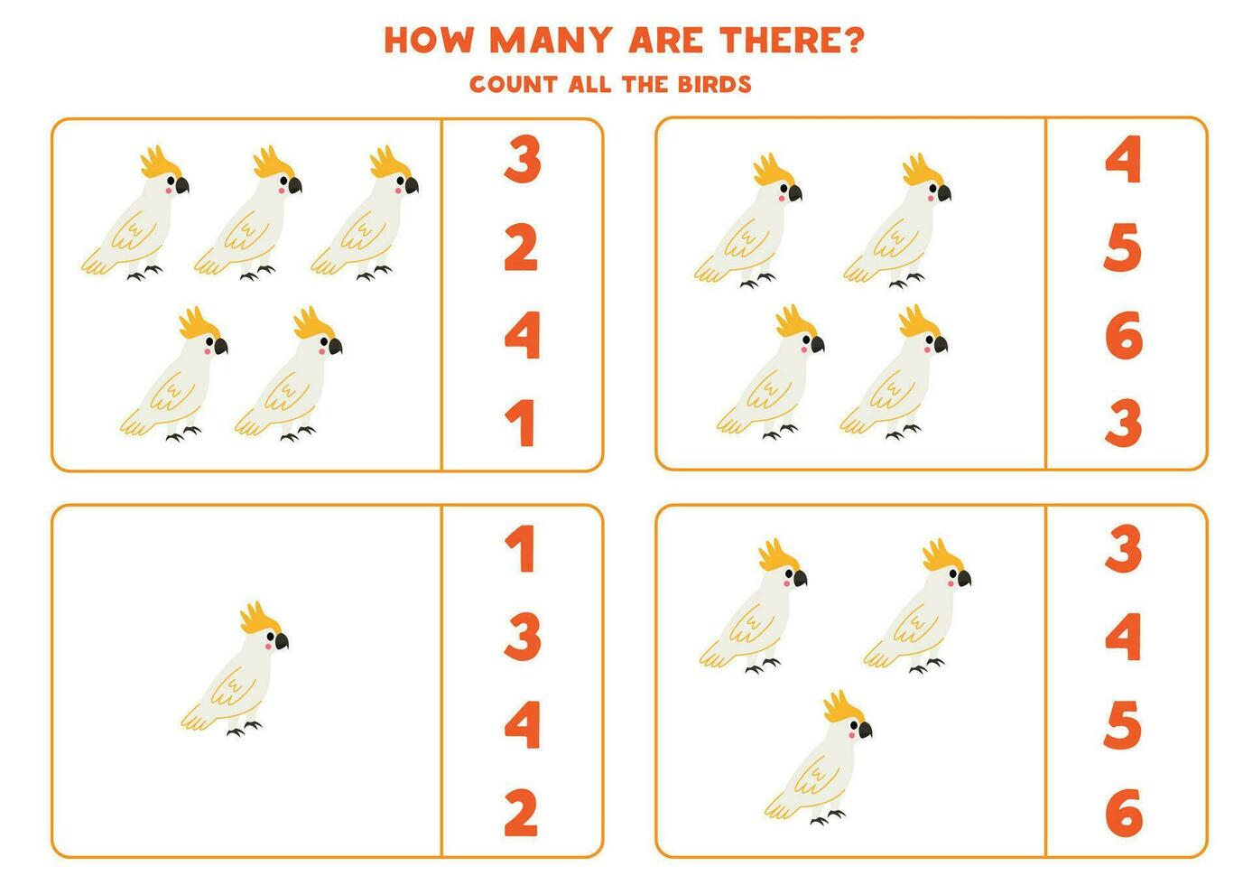 tellen allemaal schattig tekenfilm kaketoe vogelstand en cirkel de correct antwoorden. vector