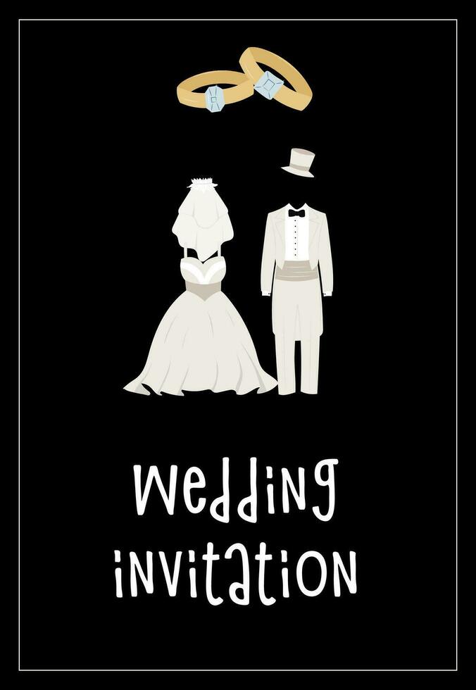 bruiloft uitnodiging met wit bruid jurk en wit bruidegom pak, bruiloft ringen Aan zwart achtergrond. vector