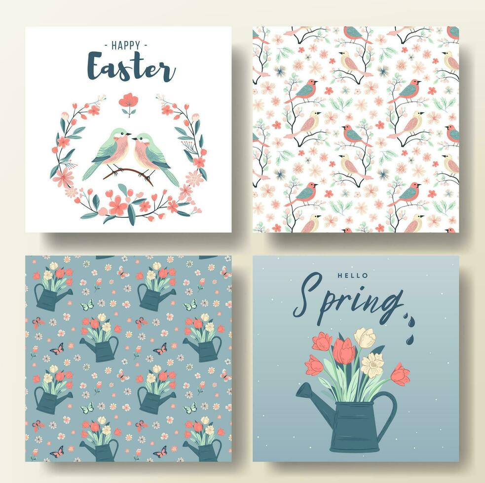 reeks van voorjaar groet kaarten en naadloos patroon met vogelstand en bloemen, voorjaar sjabloon. gelukkig Pasen kaart vector