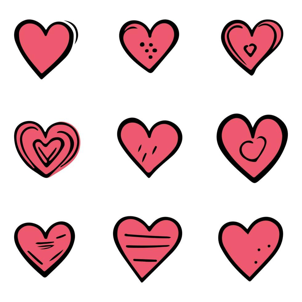 tekening harten, hand- getrokken liefde hart verzameling geïsoleerd Aan wit achtergrond. vector illustratie voor ieder ontwerp.