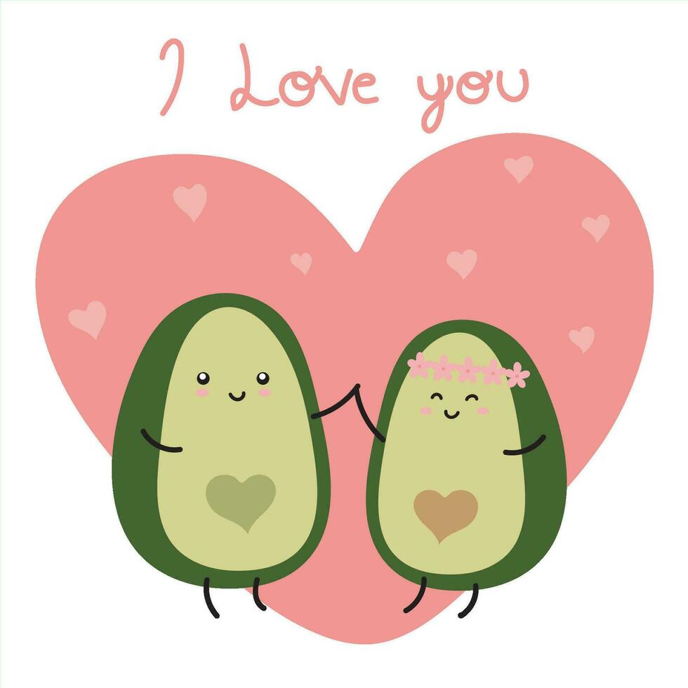 paar van avocado's in liefde gezegde ik liefde u tekenfilm Holding handen, Valentijnsdag dag groet kaart. liefde en vriendschap vector