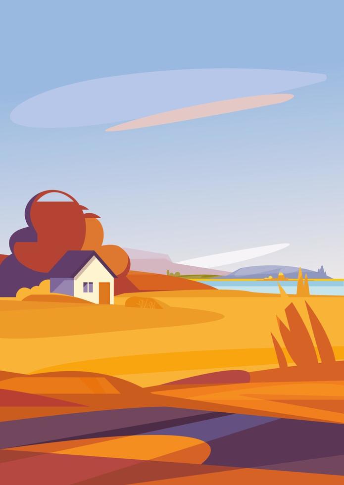 herfstlandschap met huis aan de rivieroever in verticale richting. vector