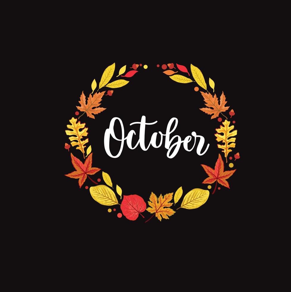oktober handgeschreven letters met herfstbladeren vector