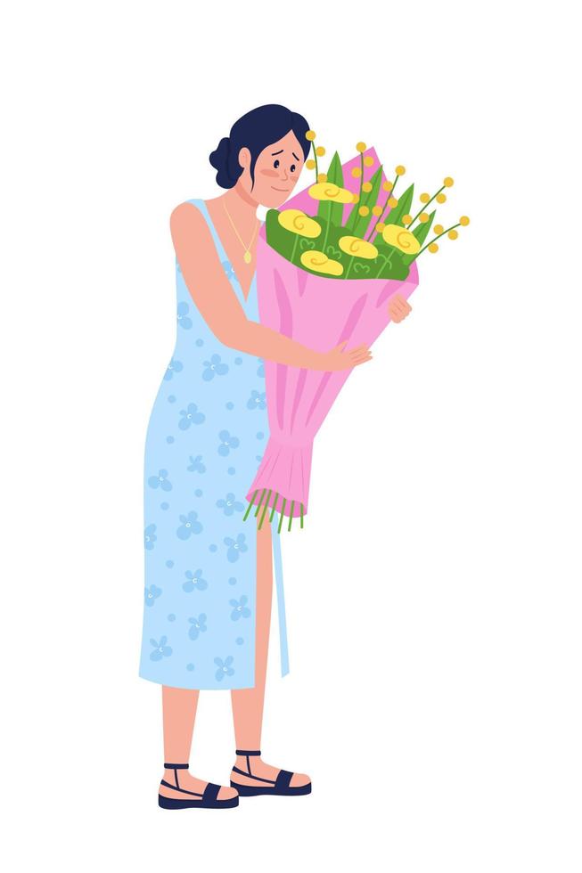 gelukkige vrouw met boeket semi egale kleur vector karakter. poserend figuur. volledige lichaamspersoon op wit. het ontvangen van bloemen geïsoleerde moderne cartoon-stijl illustratie voor grafisch ontwerp en animatie