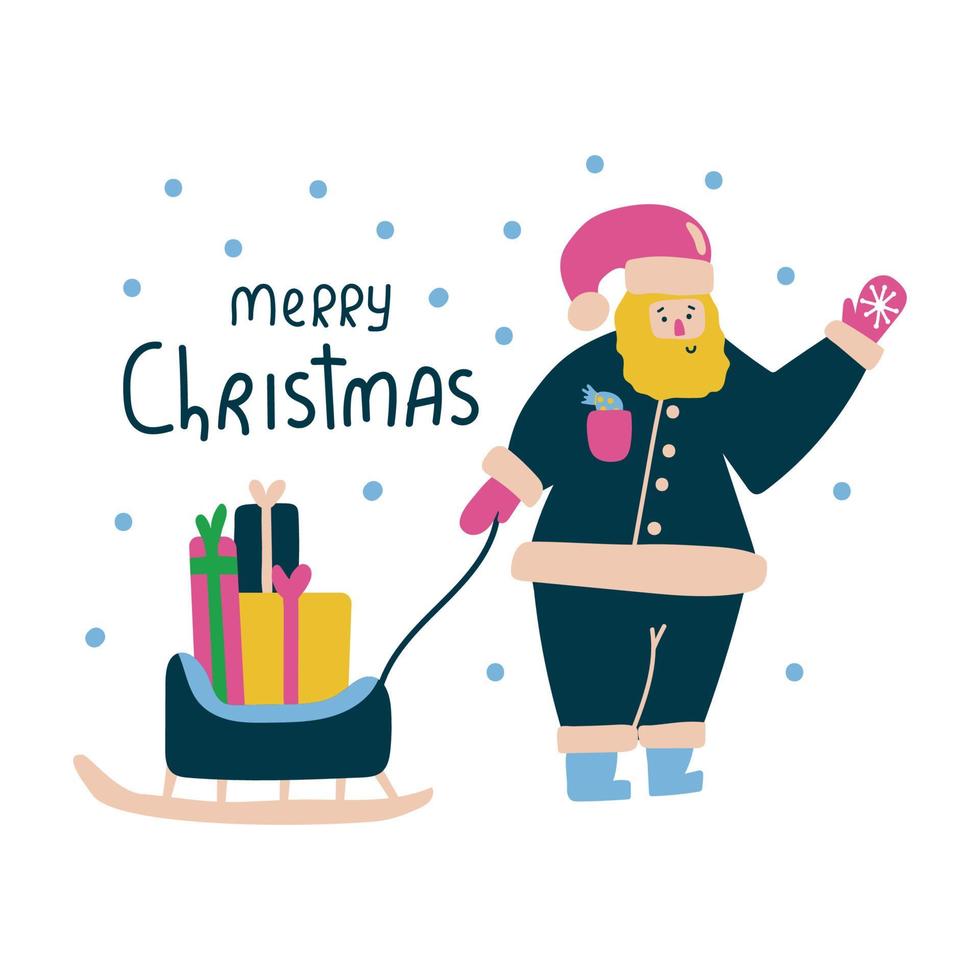 de kerstman zwaait met zijn hand en draagt een slee met geschenken. vrolijk kerstconcept. schattige vlakke afbeelding. vector