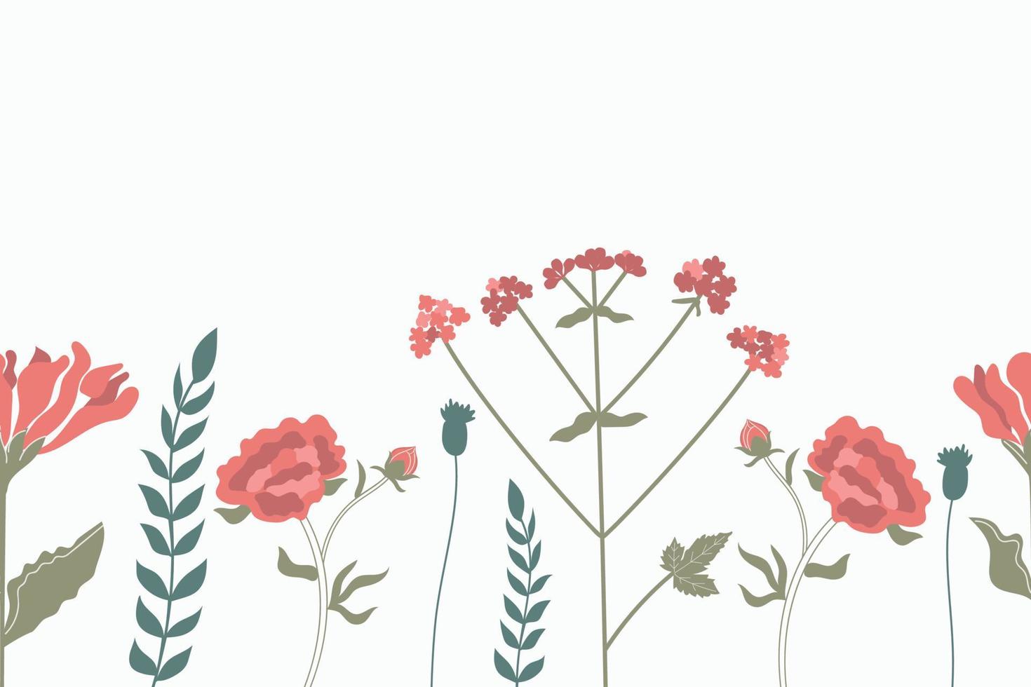 hand getekende horizontale naadloze patroon van bloemen en gras op witte achtergrond. vector