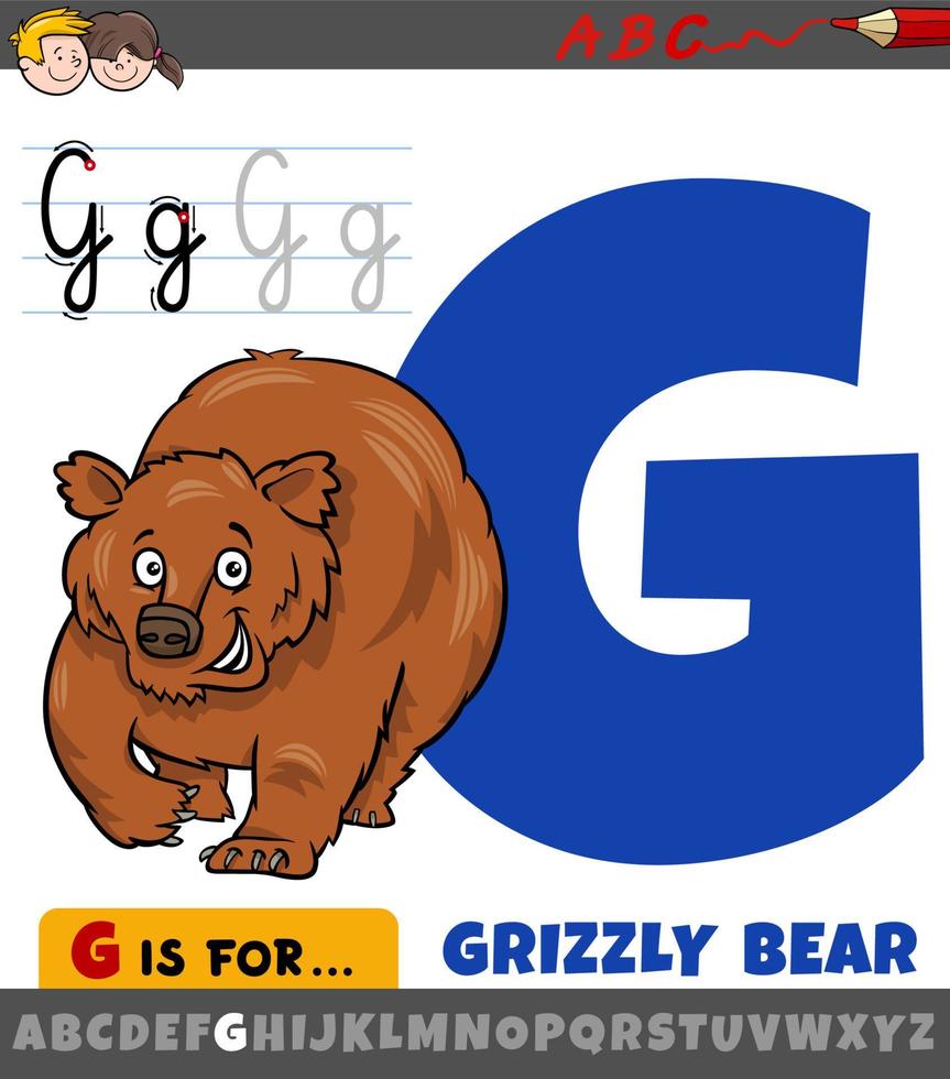 letter g uit het alfabet met grizzlybeer dier stripfiguur vector