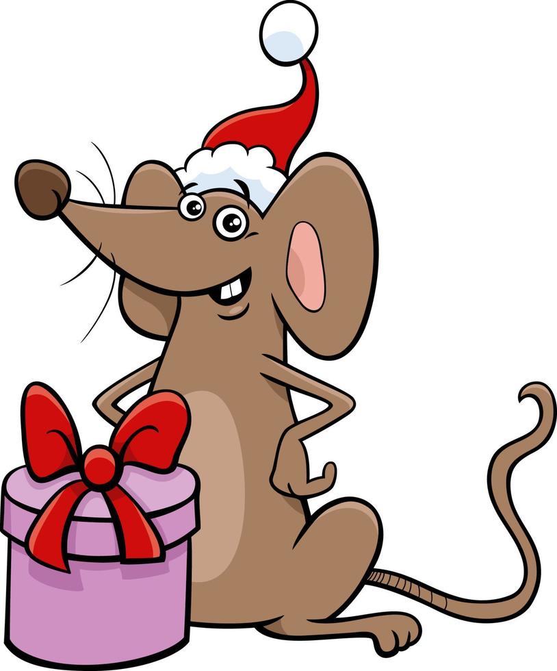 cartoon muis dierlijk karakter met cadeau op kersttijd vector