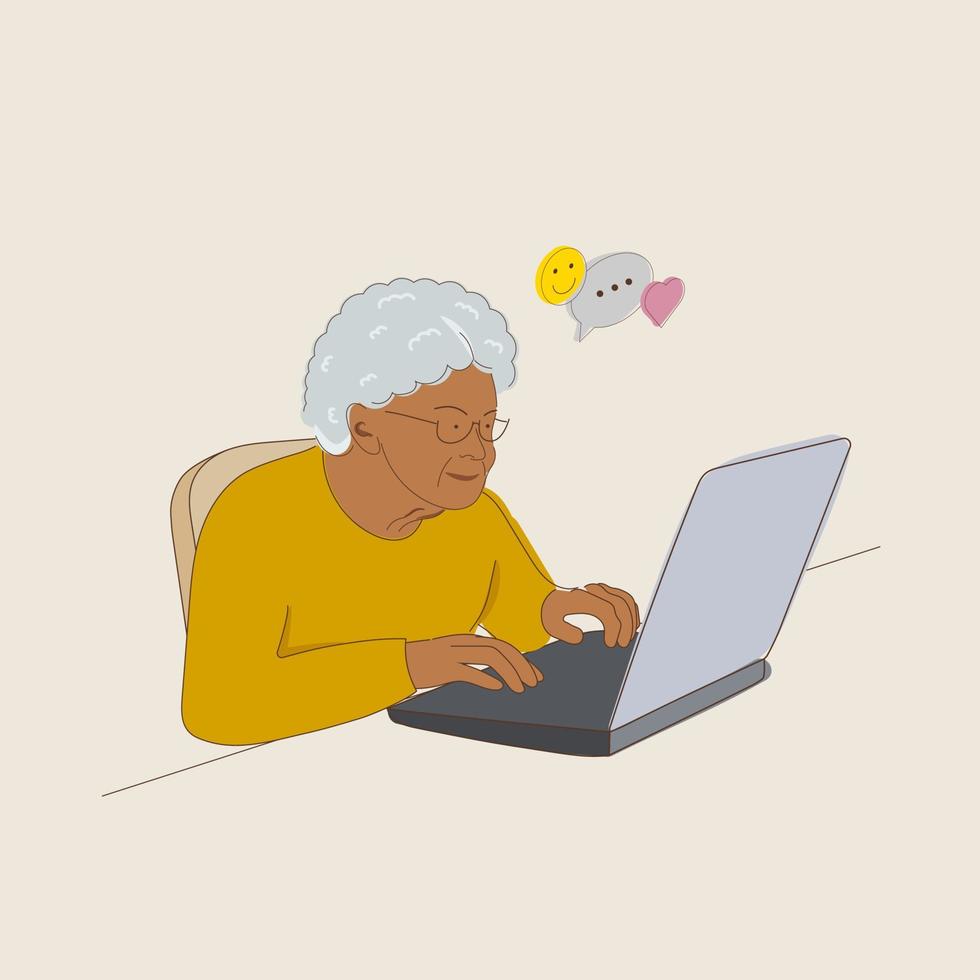 gelukkige grootmoeder met een laptop. een oudere vrouw met een laptop vector